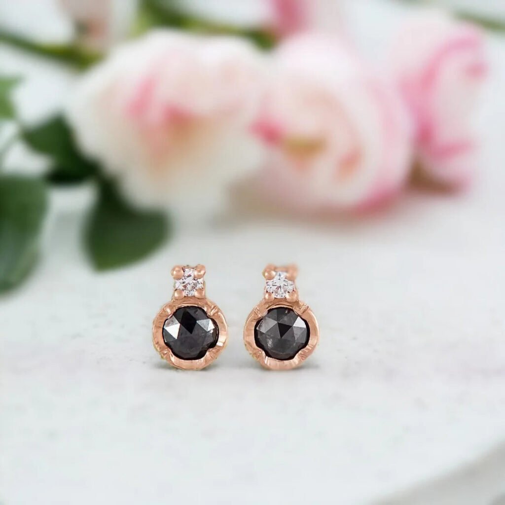 Black Diamond Solitaire Stud Earrings with Rose Cut Diamonds