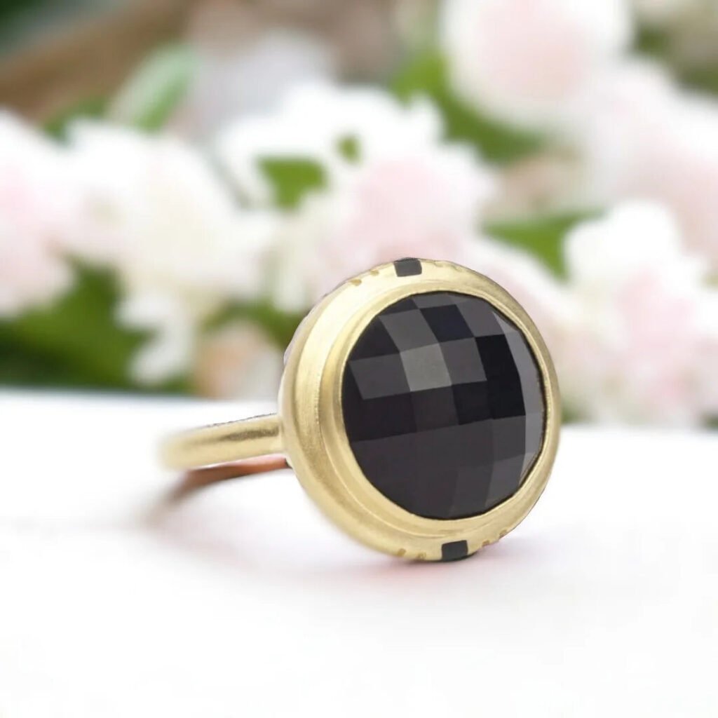 Black Salt And Pepper Diamond Ring Round Chex Cut Vintage Gold Ring