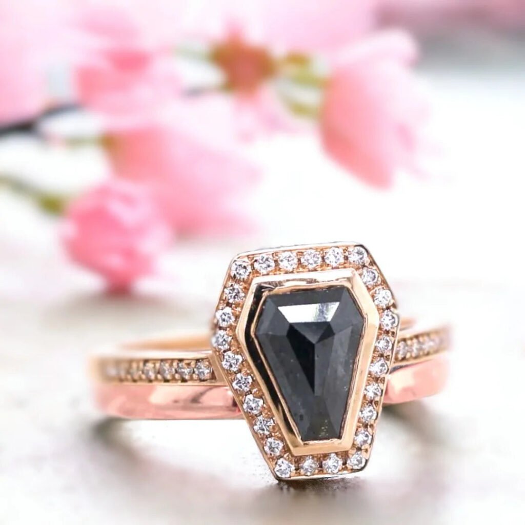 Black Salt And Pepper Coffin Diamond Ring With Halo Setting