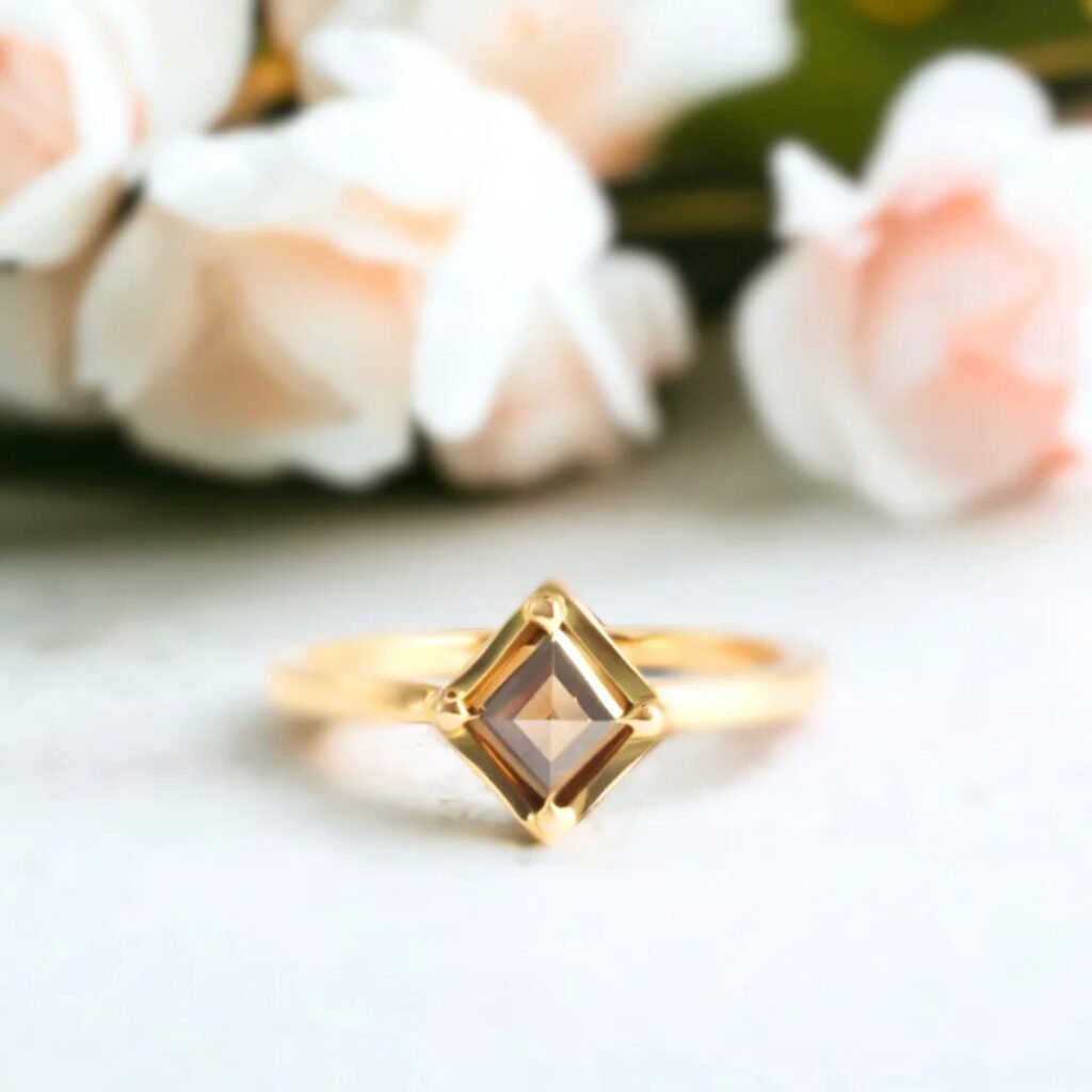 Brown Diamond Engagement Ring Carre Cut Smoky Quartz Design