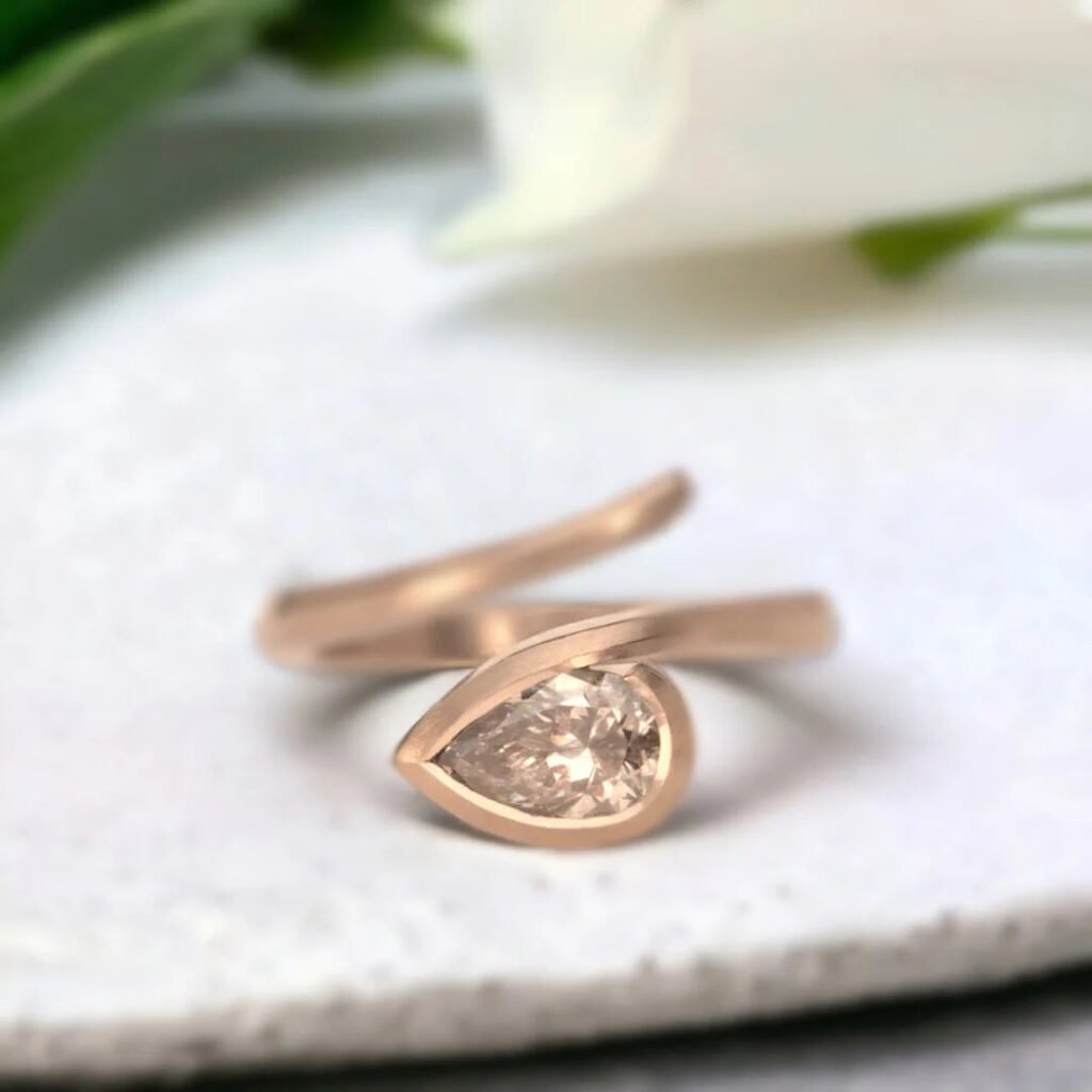 Brown Diamond Ring Cognac Pear Diamond Bezel Set Ring Gold Band