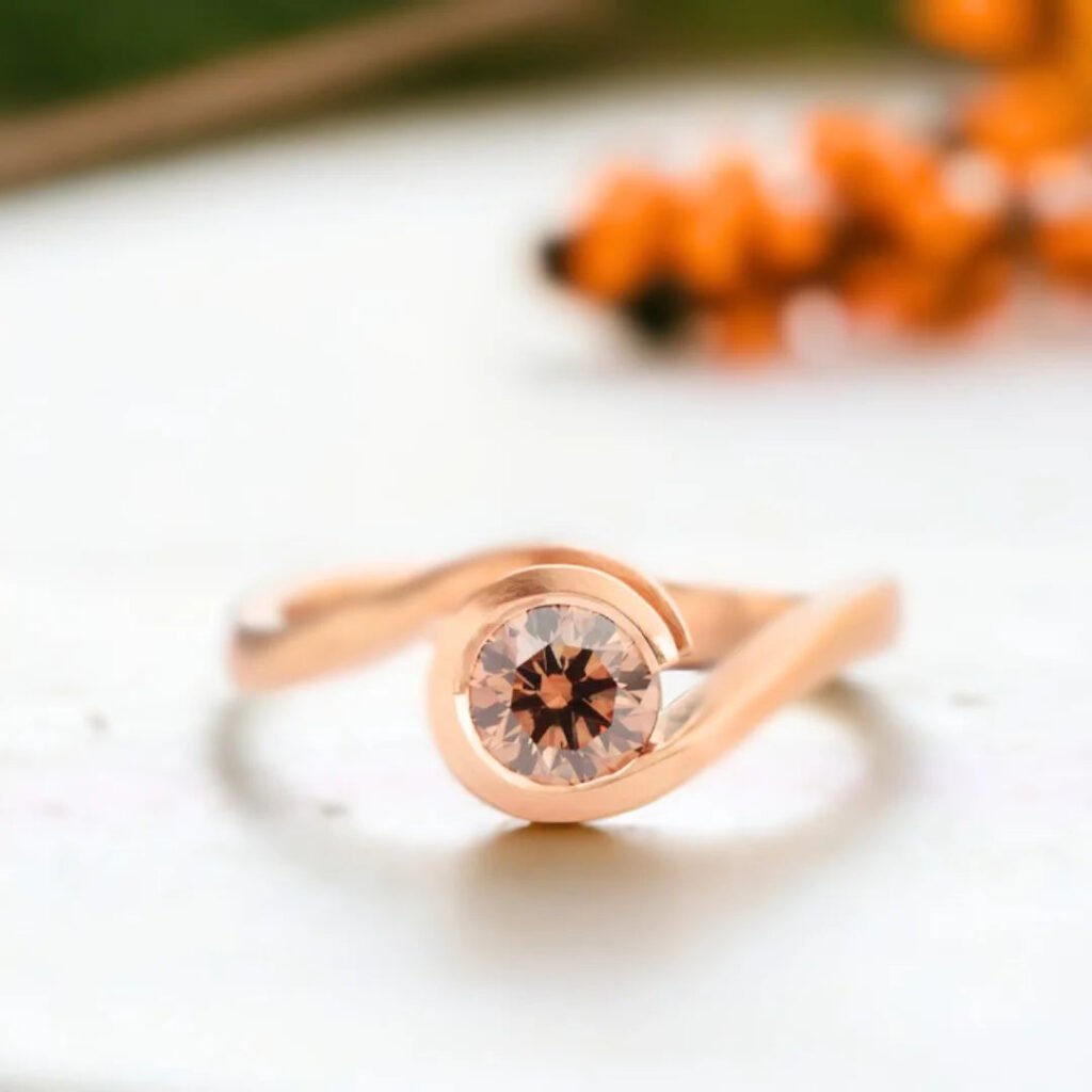 Brown Diamond Ring Fairtrade Rose Gold Wave Cognac Diamond Ring
