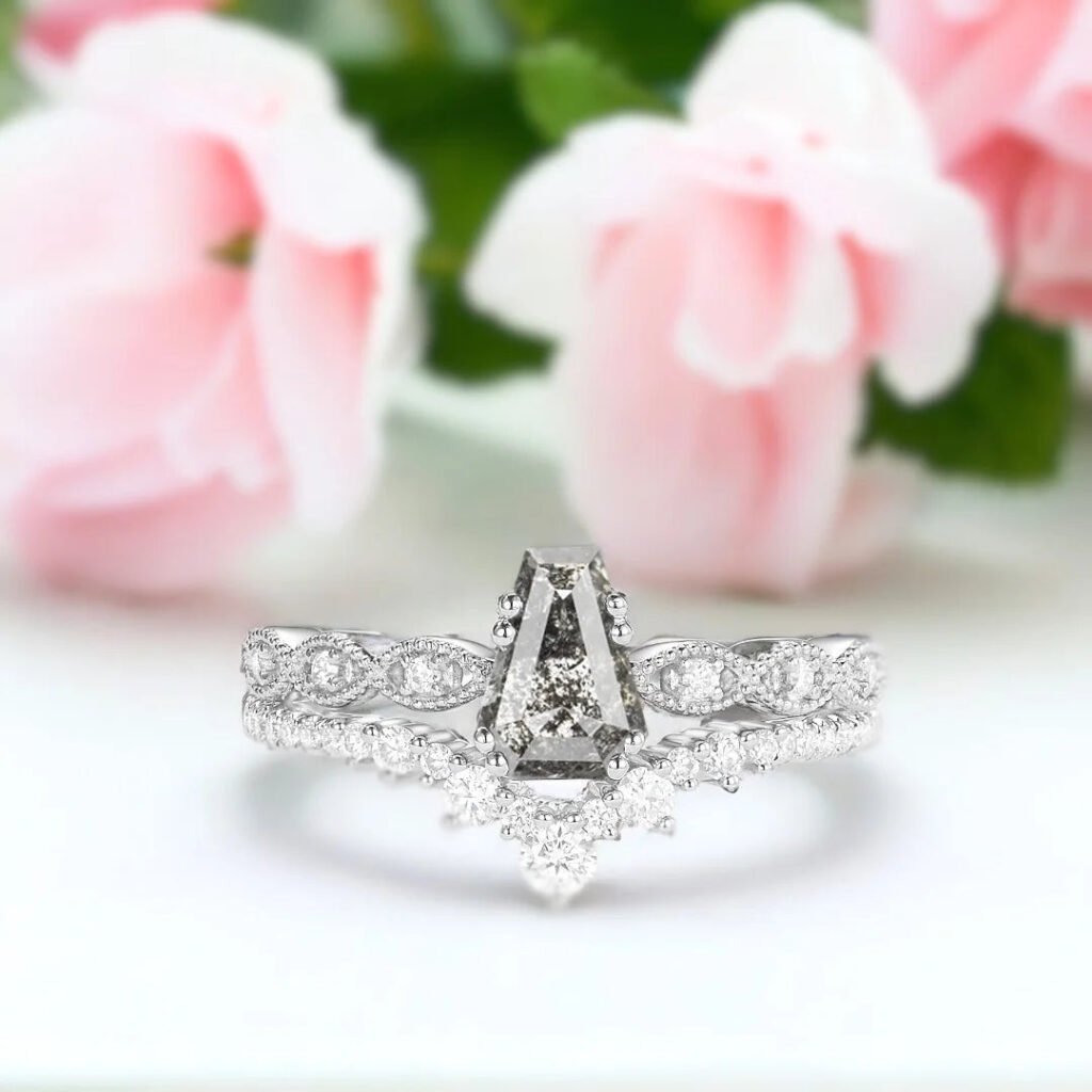 Coffin Cut Salt and Pepper Diamond Bridal Set, modern bridal ring set