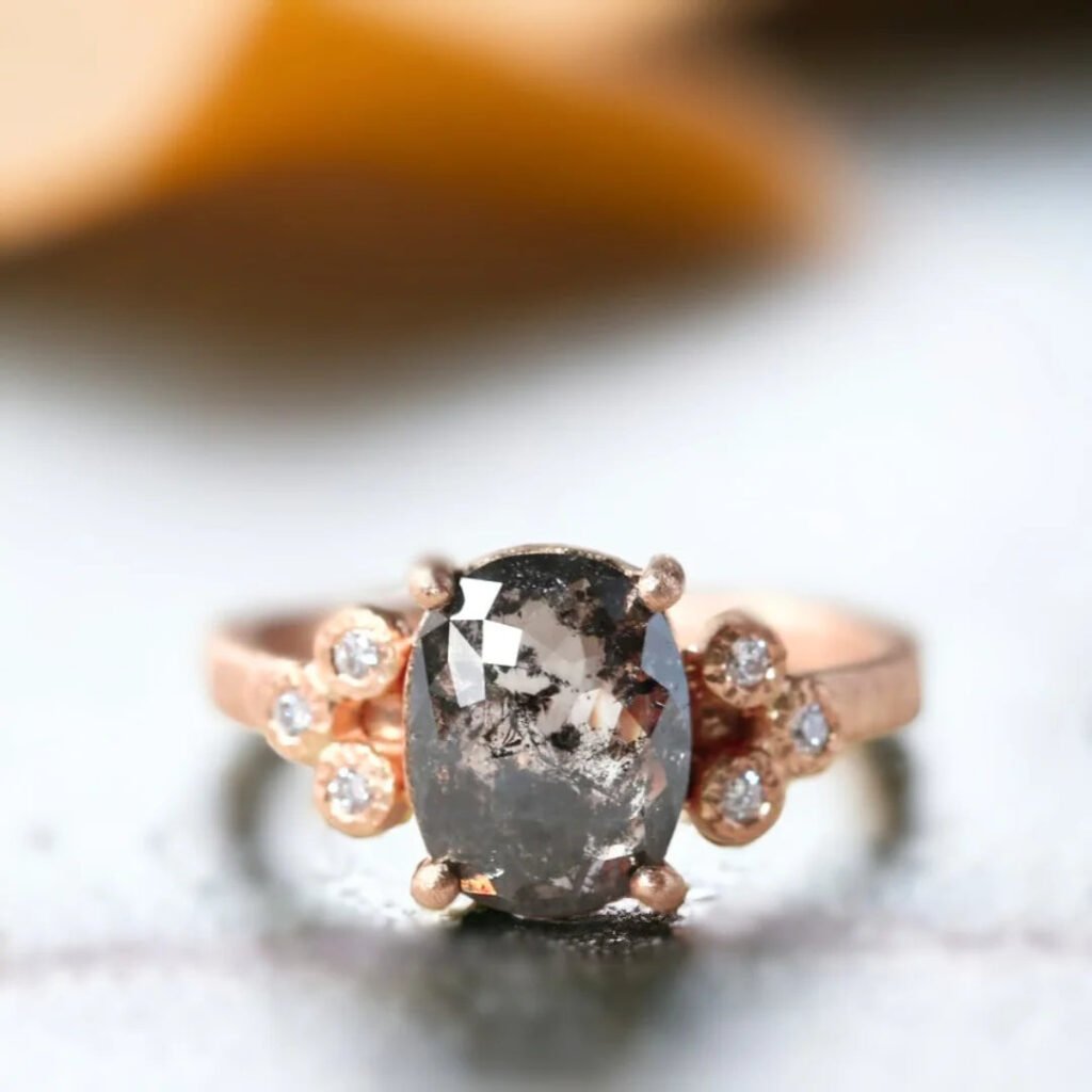 Elongated Cushion Salt And Pepper Diamond Ring Crystal Clarity Design