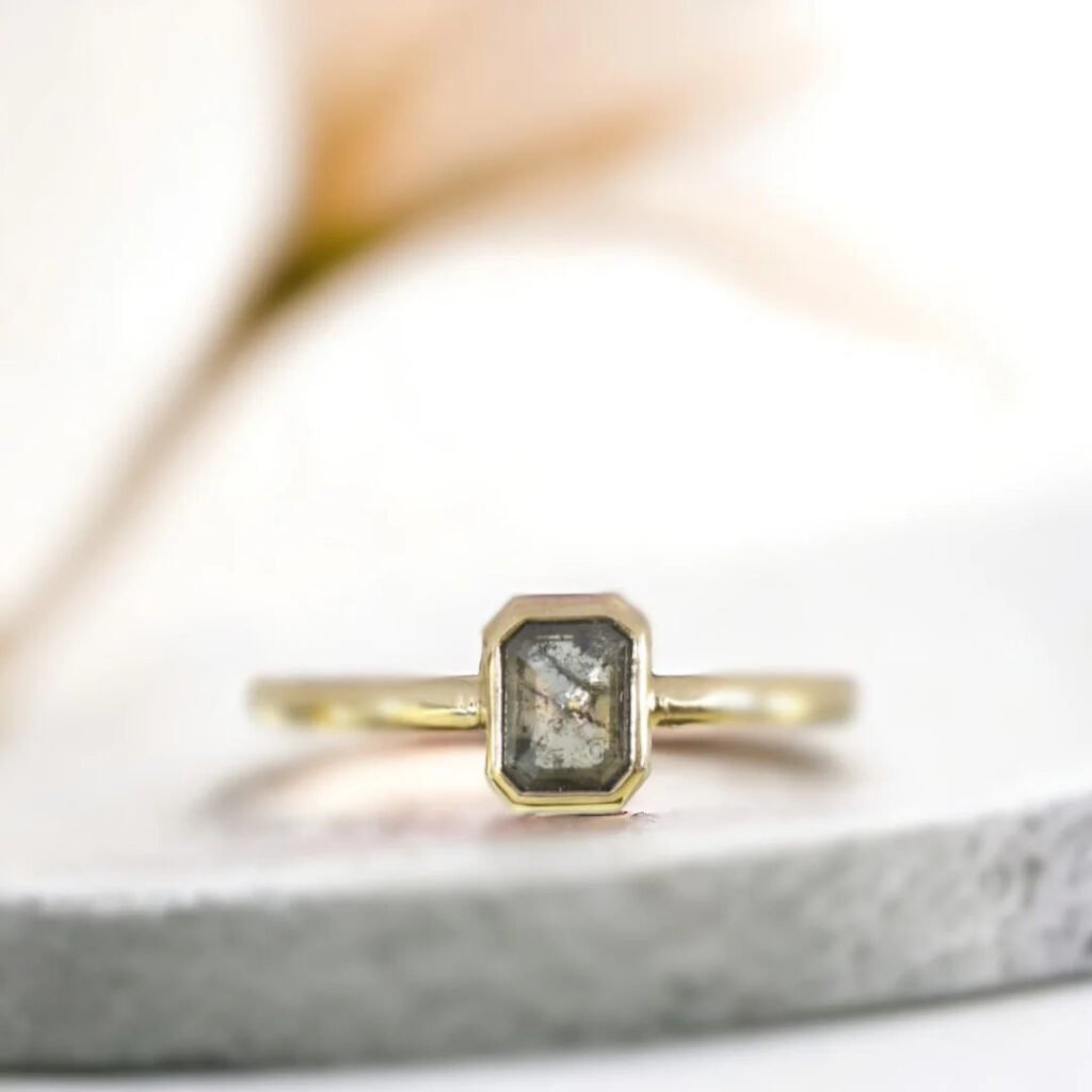 Emerald Cut Salt and Pepper Diamond Ring Pavé Fine Jewelry Ring