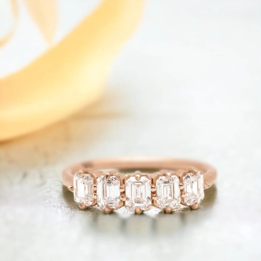 Natural Emerald Diamond Ring Five Stone Design