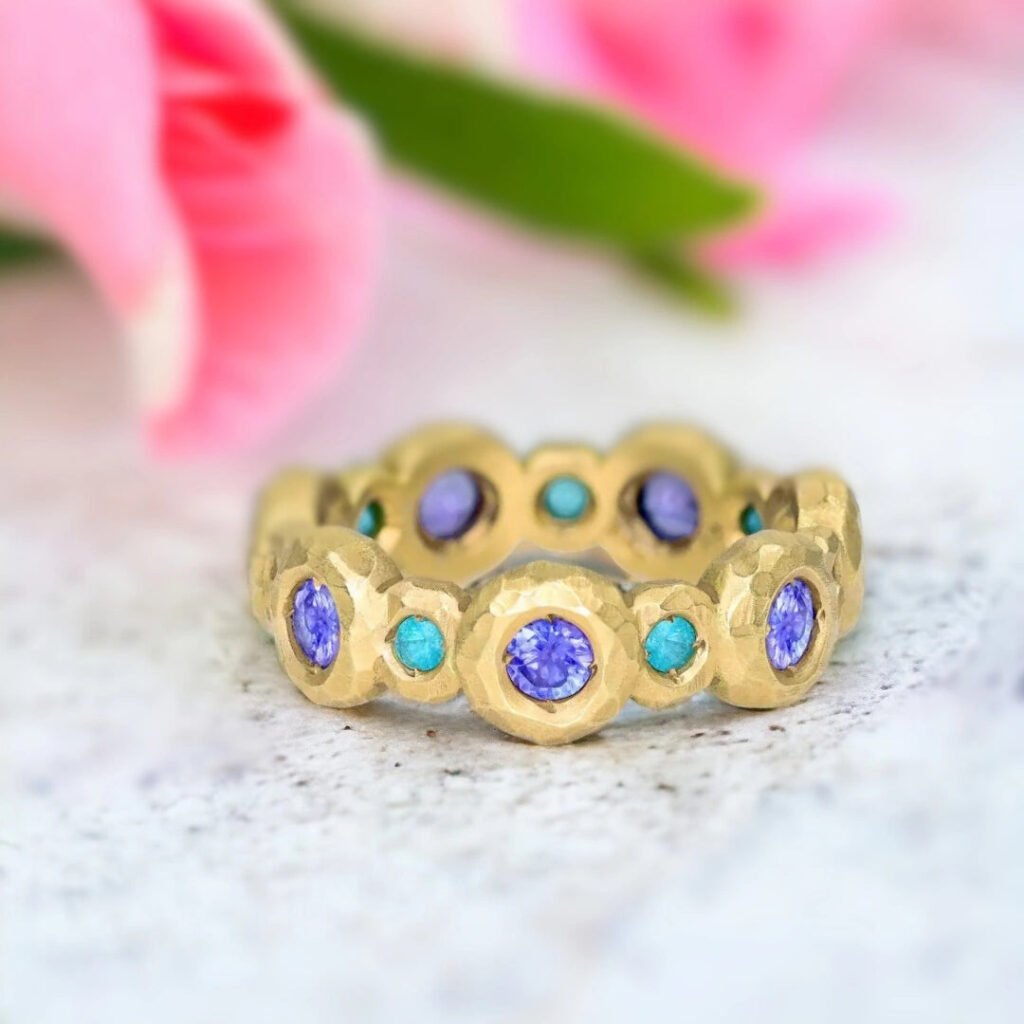 Eternity Band Ring Tourmaline and Tanzanite Gold Eternity Band Ring