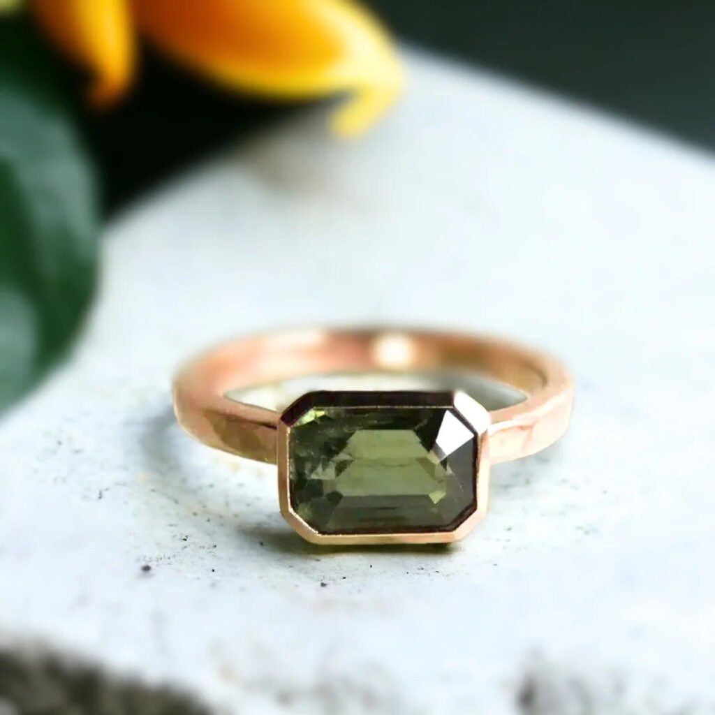 Green Sapphire Engagement Ring Floating Bezel Vintage Style