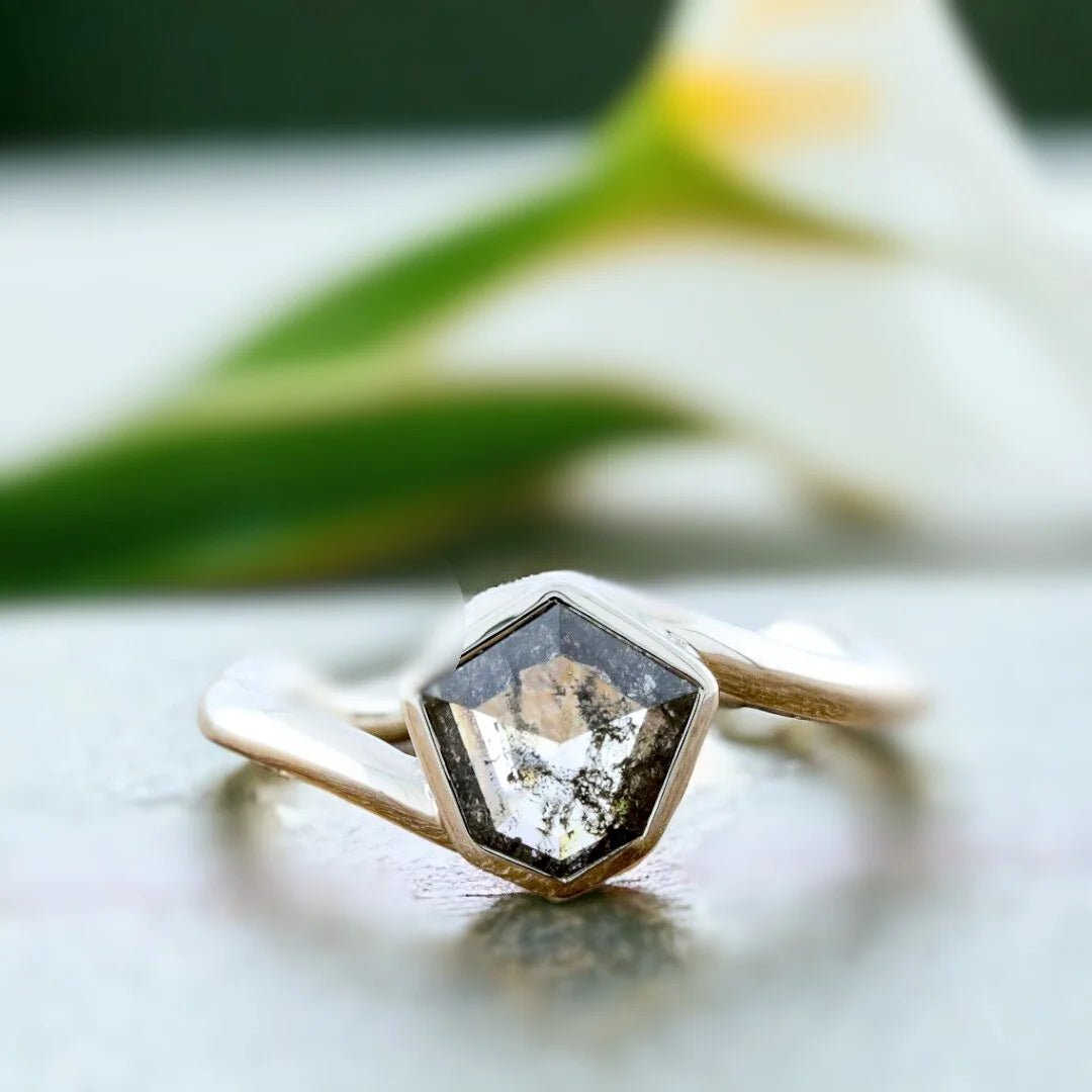 Grey Hexagon Diamond Bezel Engagement Ring Nature Inspired - Image 1