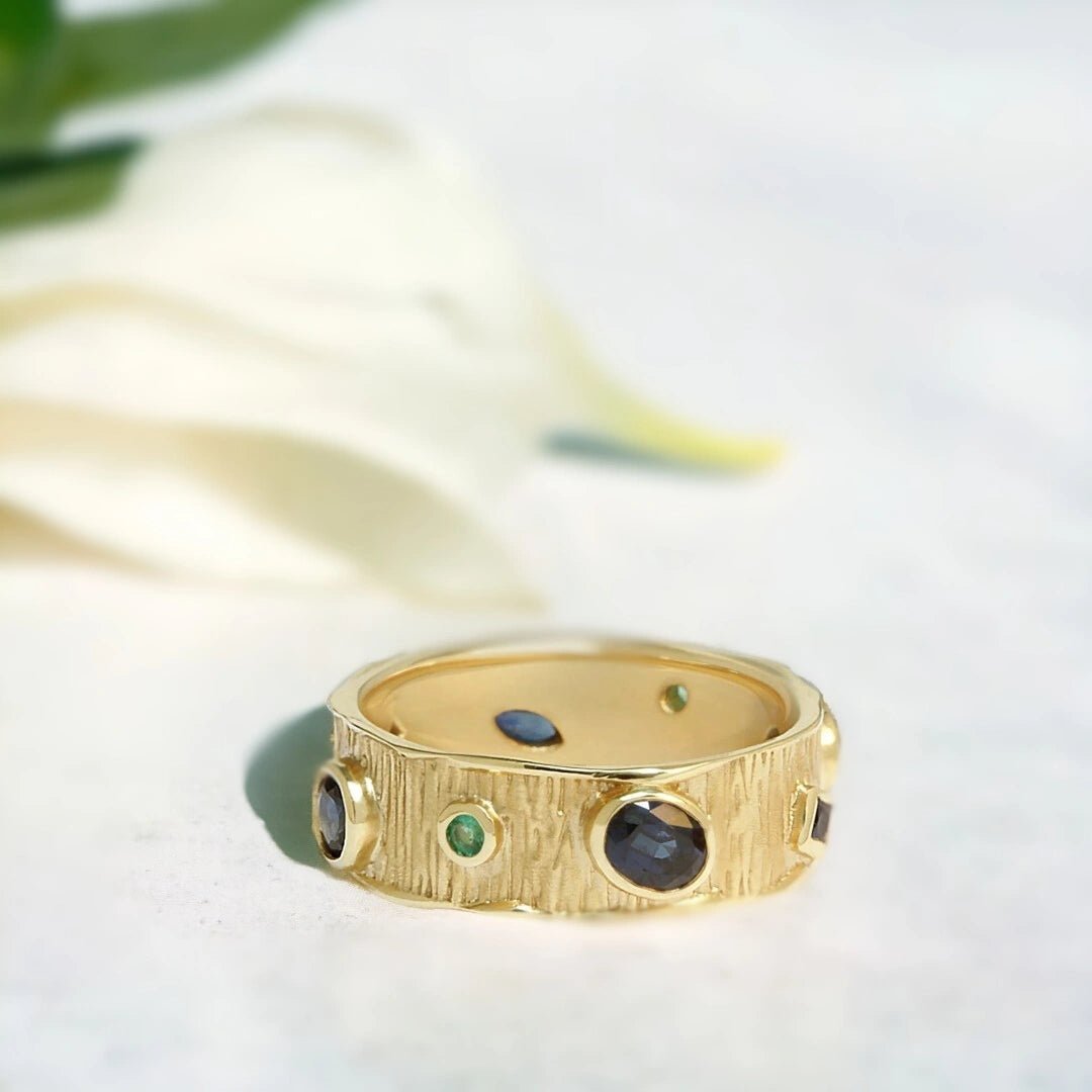 Handcrafted Multicolor Gemstone Ring Blue Green Sapphire Band - Image 1