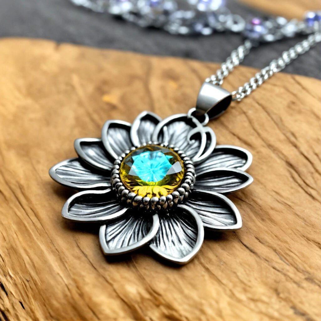 Amber Pendant Necklace with Sunburst Flower Design