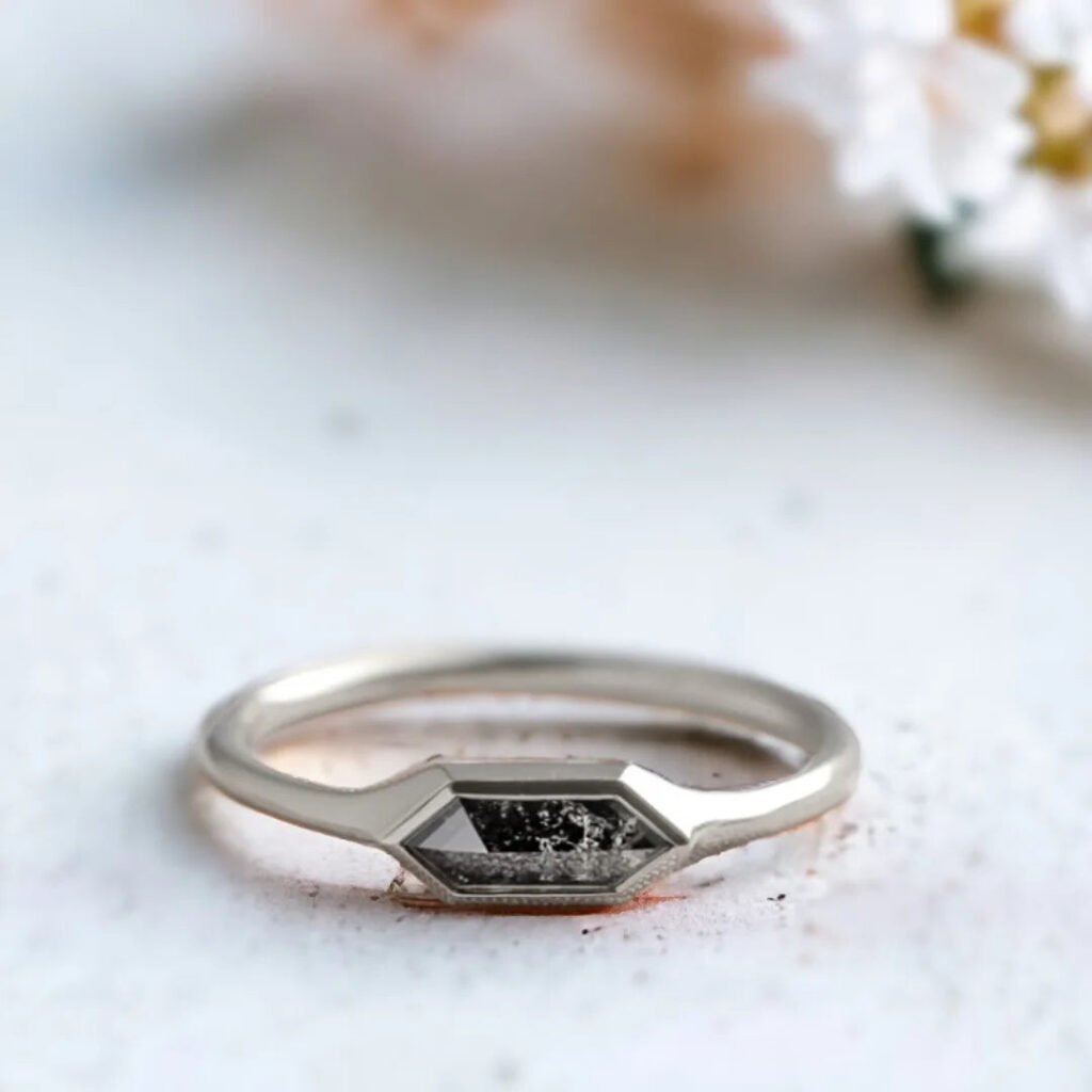 Hexagon Salt And Pepper Diamond Engagement Ring In Silver