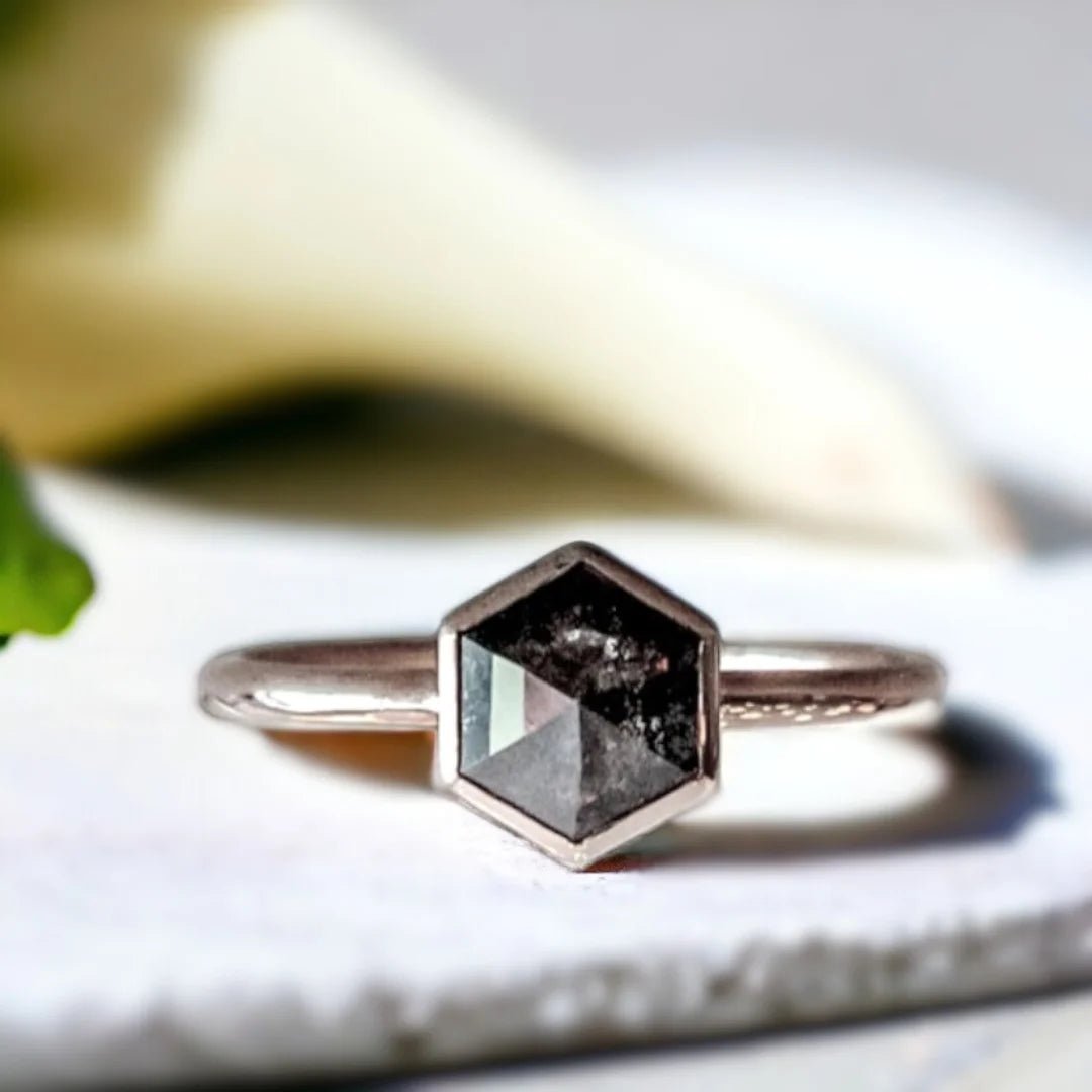 Hexagon Salt And Pepper Diamond Ring With Royal Flourish Design - Image 1