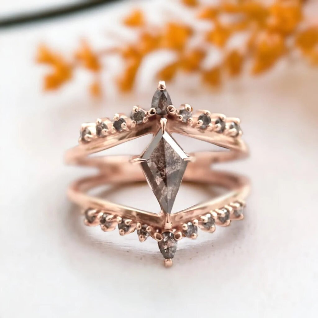 Hexagon Salt And Pepper Diamond Ring With 1.22 CT Solitaire