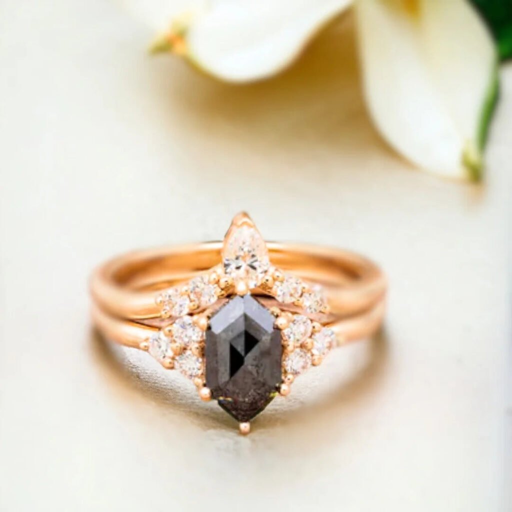 Hexagon Salt and Pepper Diamond Ring 1.90 Ct Luxury Minimalist Design