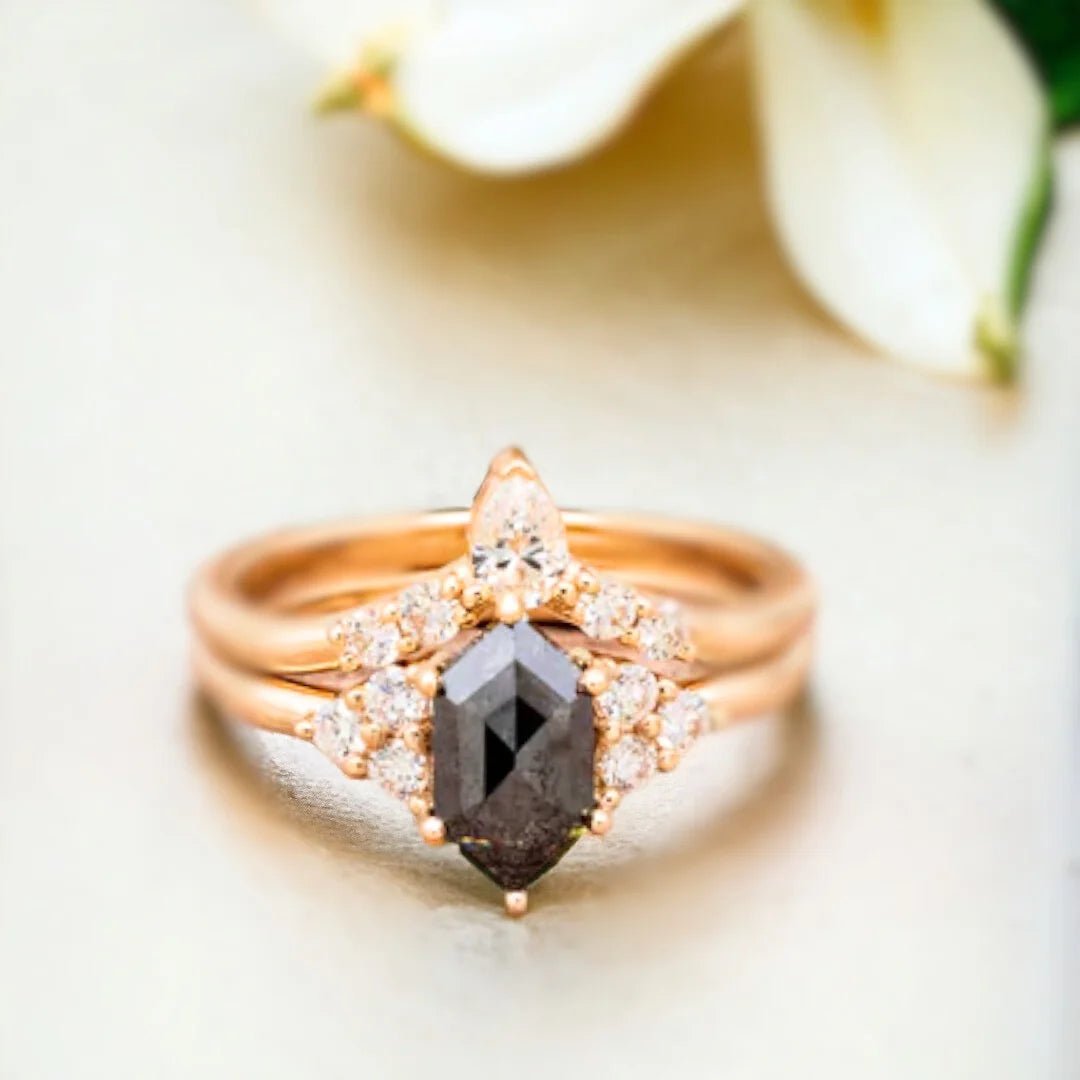 Hexagon Salt and Pepper Diamond Ring 1.90 Ct Luxury Minimalist Design - Image 1