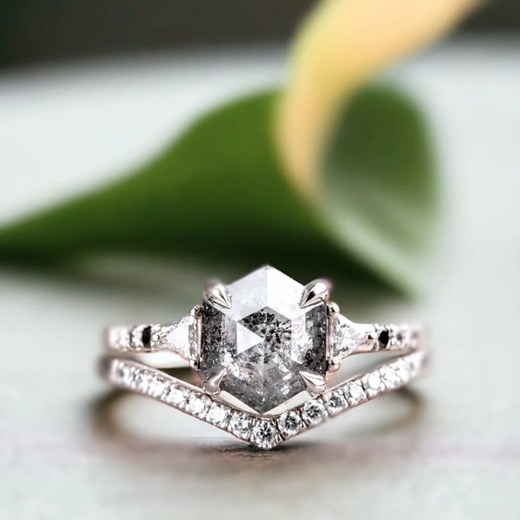 Hexagon Salt And Pepper Diamond Ring With Geometric Diamond Design