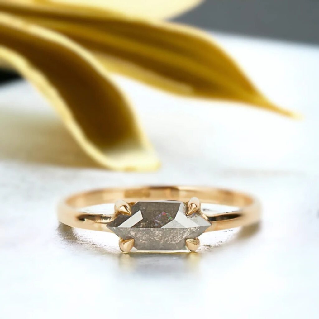 Hexagon Salt And Pepper Diamond Ring Contemporary Solitaire Design