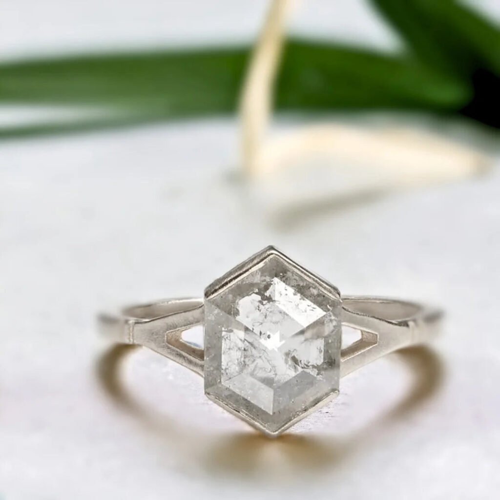 Hexagon Salt And Pepper Diamond Ring Minimal Dea Ring Rose Cut Design