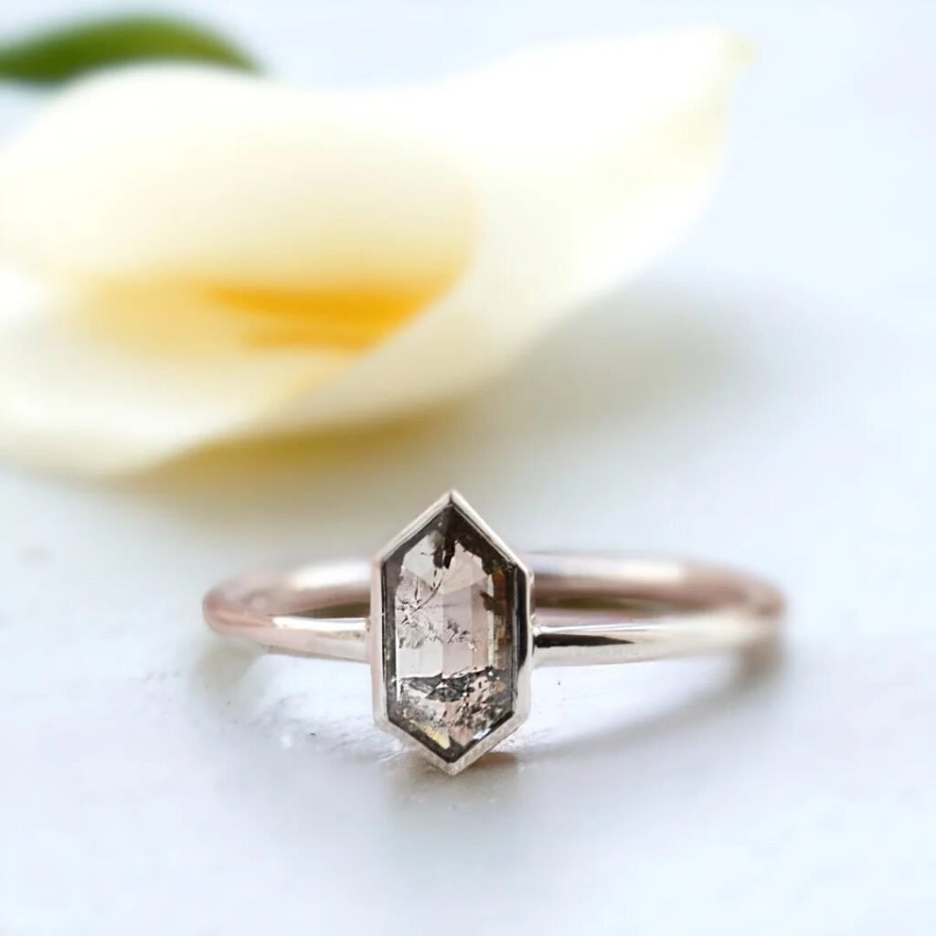 Hexagon Salt And Pepper Diamond Ring With 1.22 CT Hexagon Cut