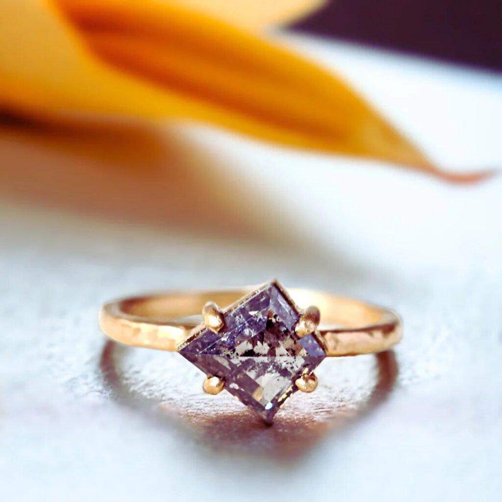 Kite Salt And Pepper Diamond Ring With 1.80 CT Kite Cut Stone