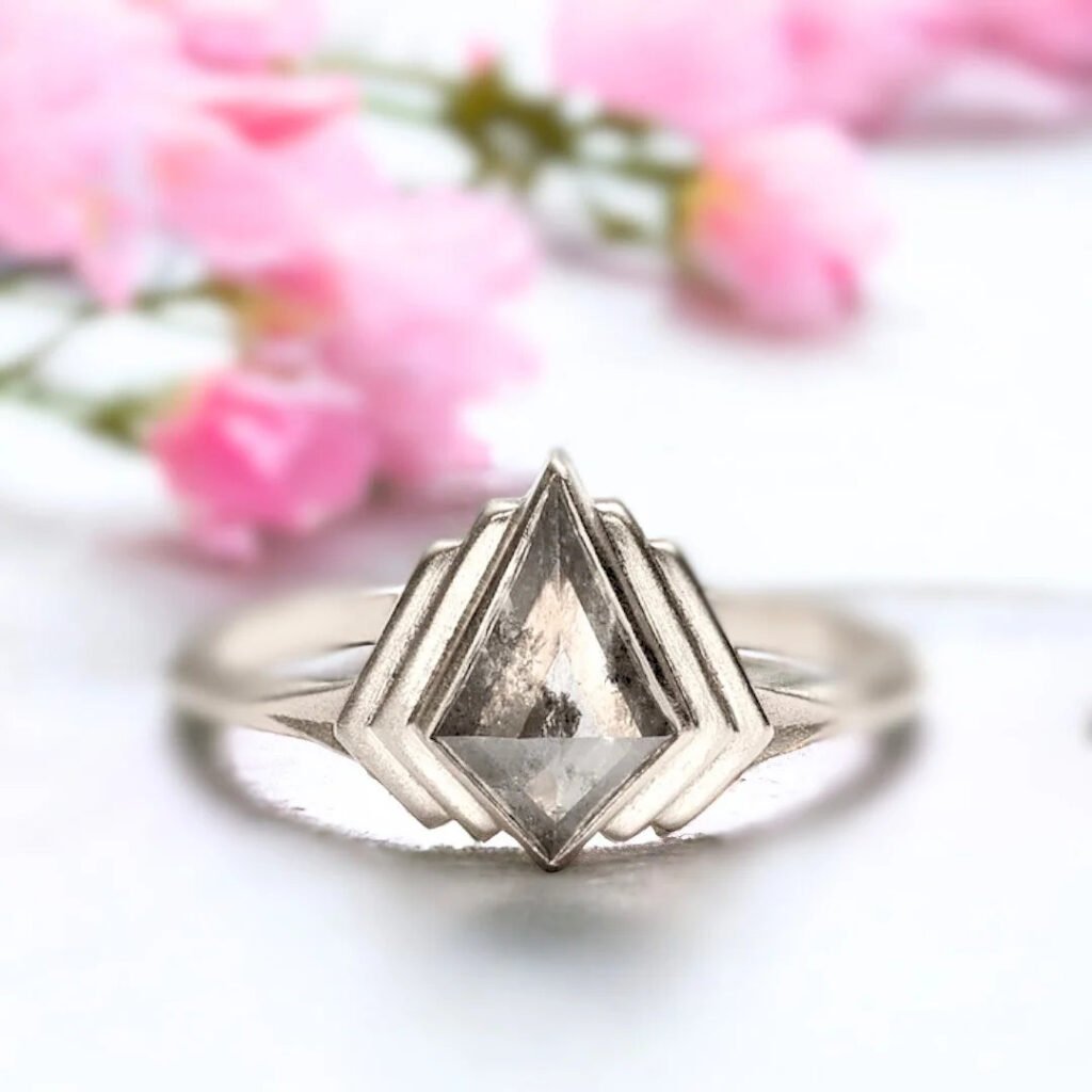 Kite Shape Salt And Pepper Diamond Engagement Ring Modern Bridal Ring