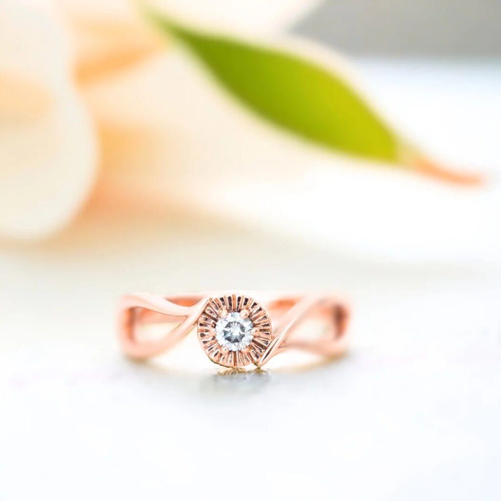 Leaf Inspired Round Diamond Nature Engagement Ring Salt Pepper Stone
