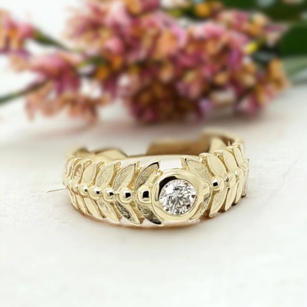 Leaf Inspired White Diamond Engagement Ring Marquise Bezel Diamond Ring