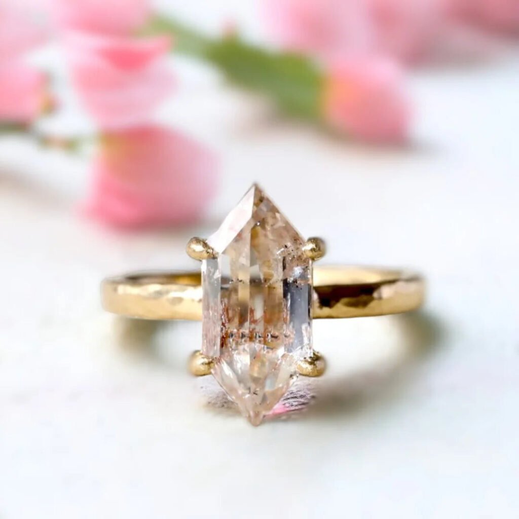 Long Hexagon Salt And Pepper Diamond Ring 3.29 Ct Yellow Gold