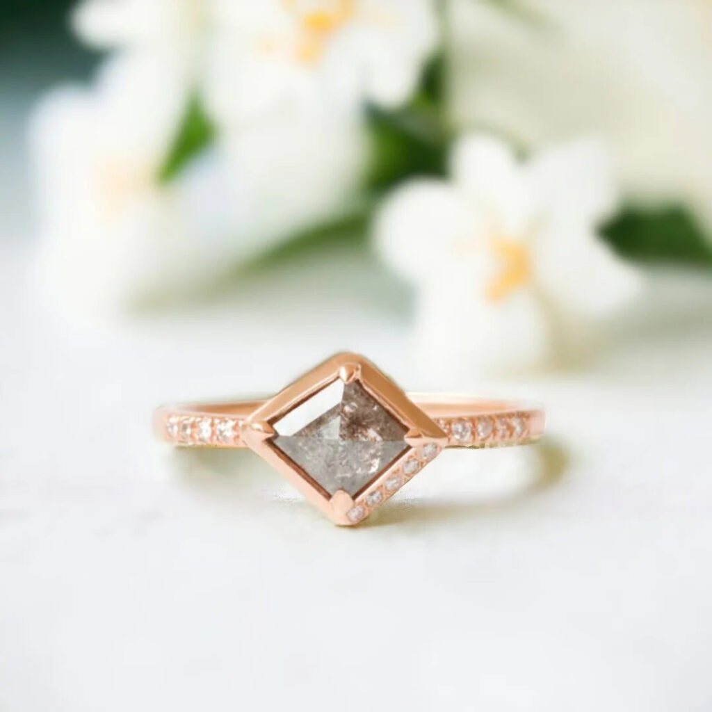 Lozenge Salt and Pepper Diamond Engagement Ring Rose Gold Elegance