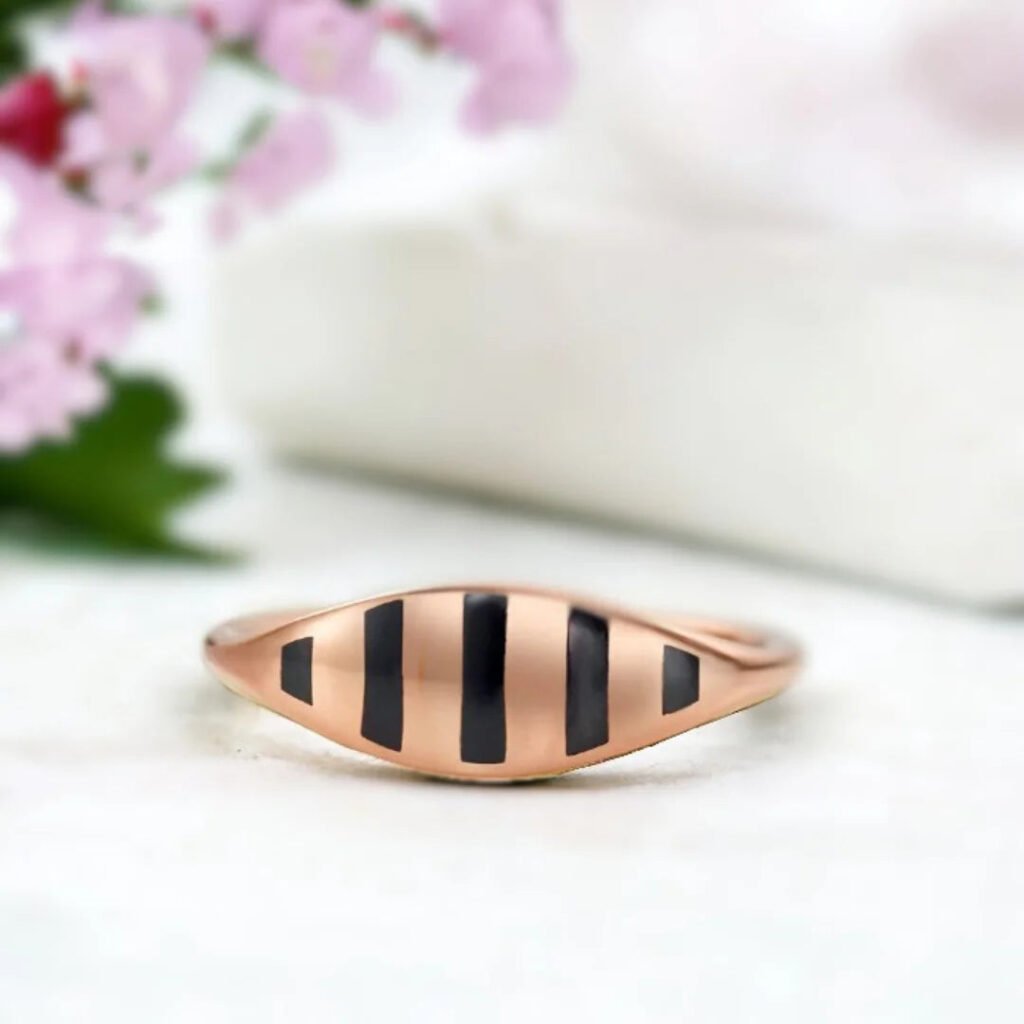 Minimalist Gold Pinky Ring Black Enamel Slim 1.70mm Band