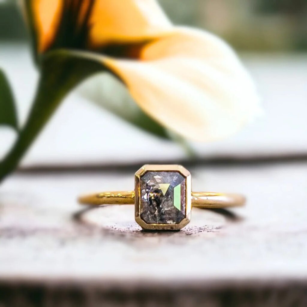 Natural Salt And Pepper Diamond Ring With Emerald Cut Design