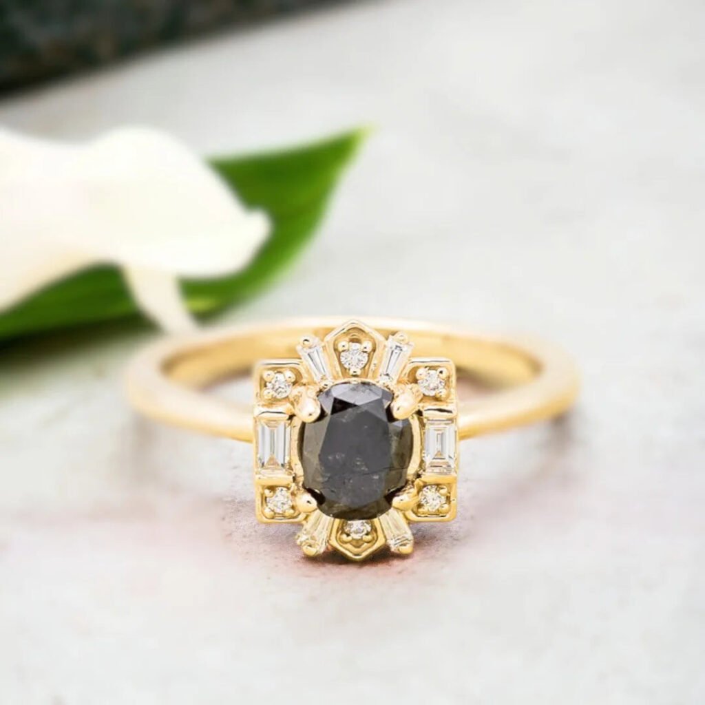 Natural Salt And Pepper Diamond Ring With Oval Cut And Tracers