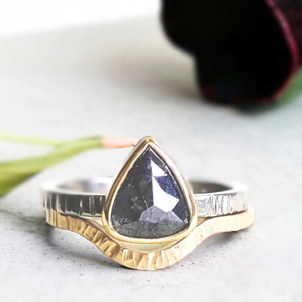 Natural Salt And Pepper Diamond Ring Pear Cut In Artisan Style