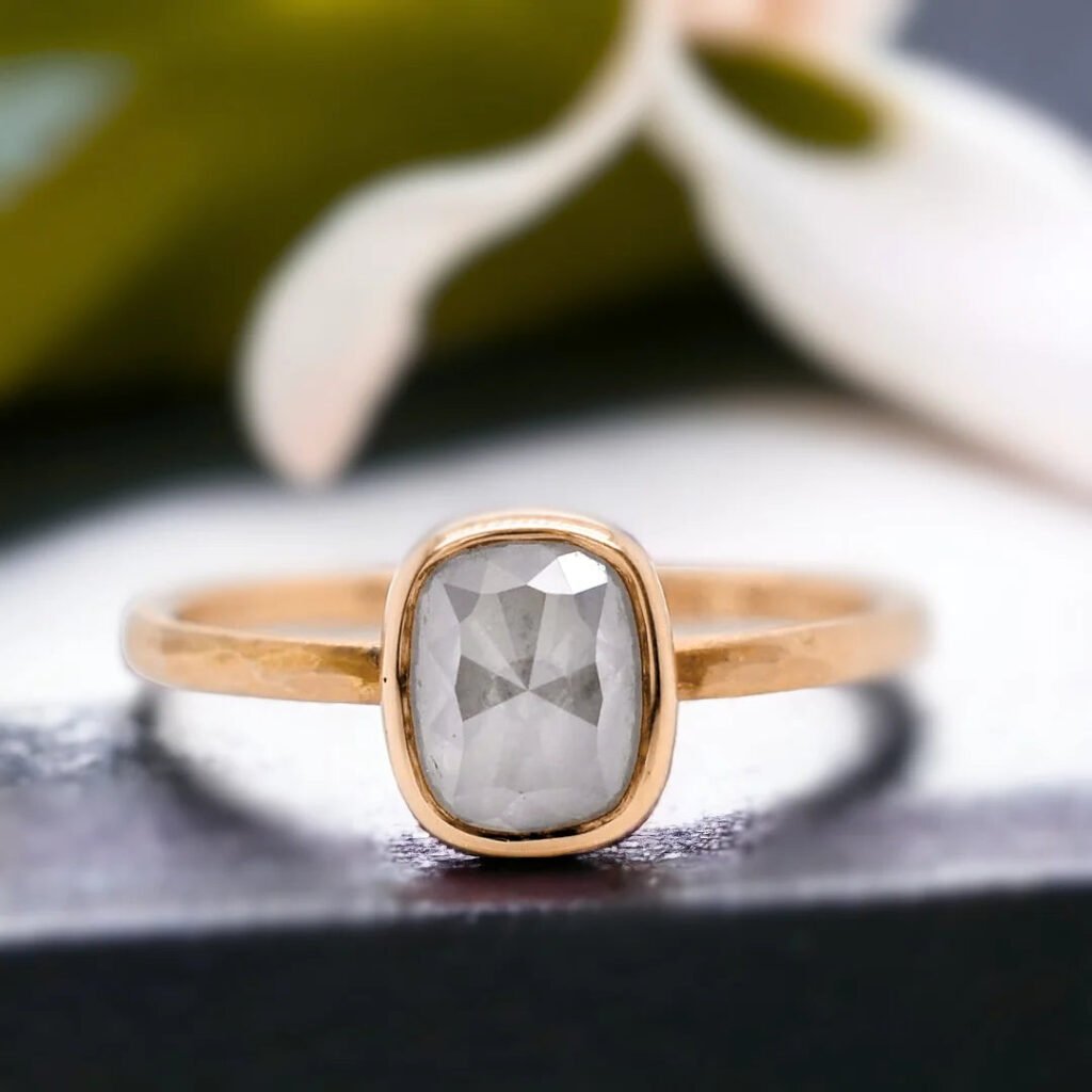 Natural Salt And Pepper Diamond Ring With Rose Cushion Cut Design