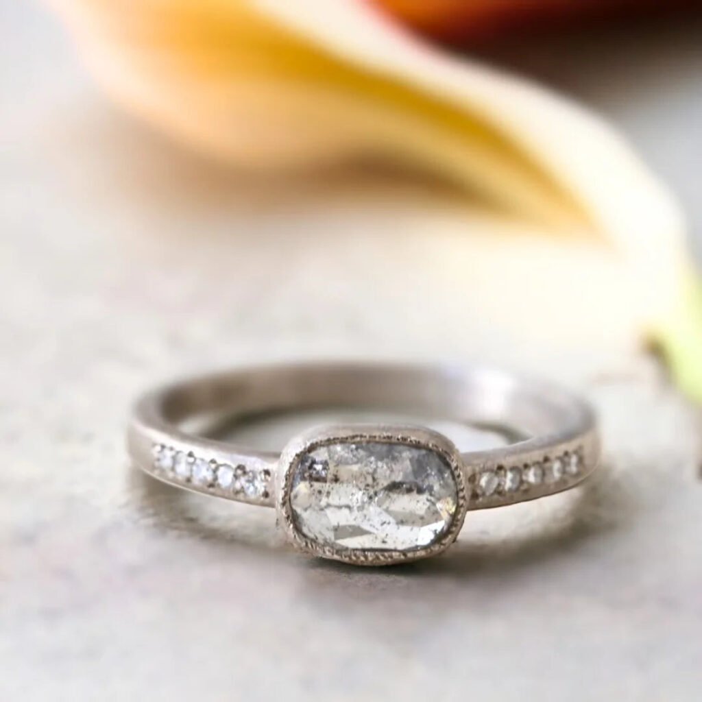 Natural Salt And Pepper Diamond Ring East West Cushion Floating Bezel