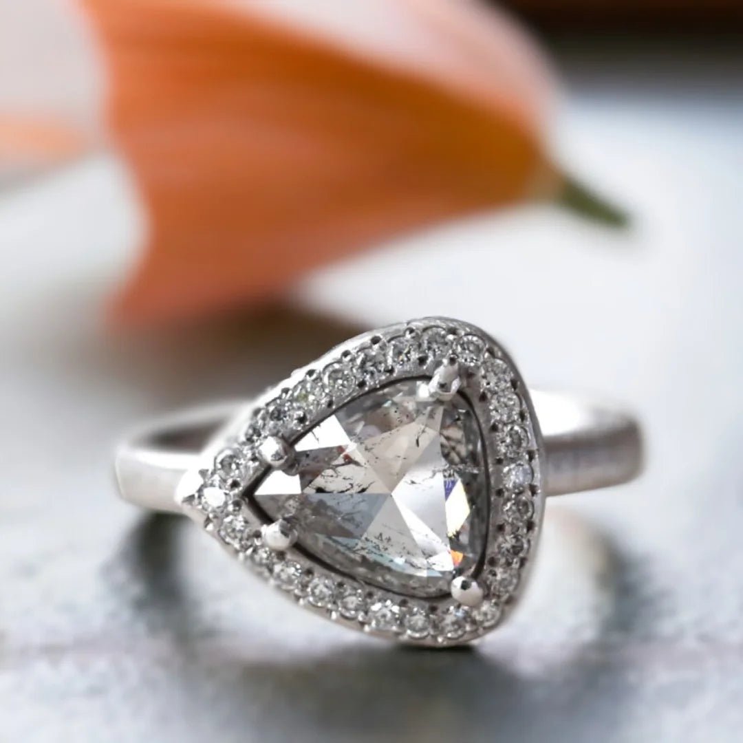 Natural Salt And Pepper Diamond Ring Triangle Cut Halo Design - Image 1