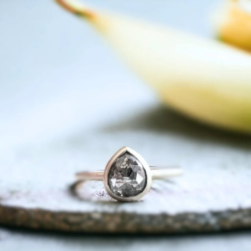 Natural Salt And Pepper Diamond Ring With Rose Pear Cut Design