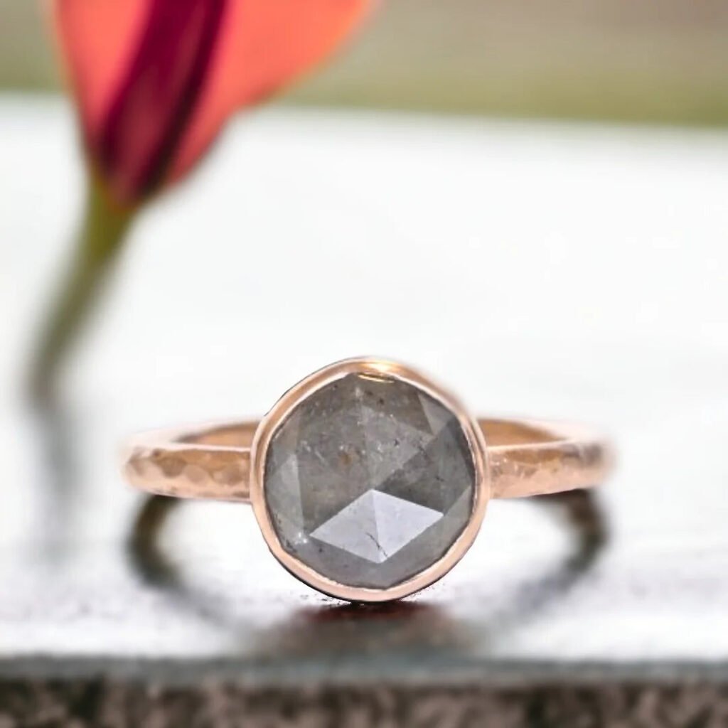 Natural Salt And Pepper Diamond Ring Rose Gold Minimalist Style