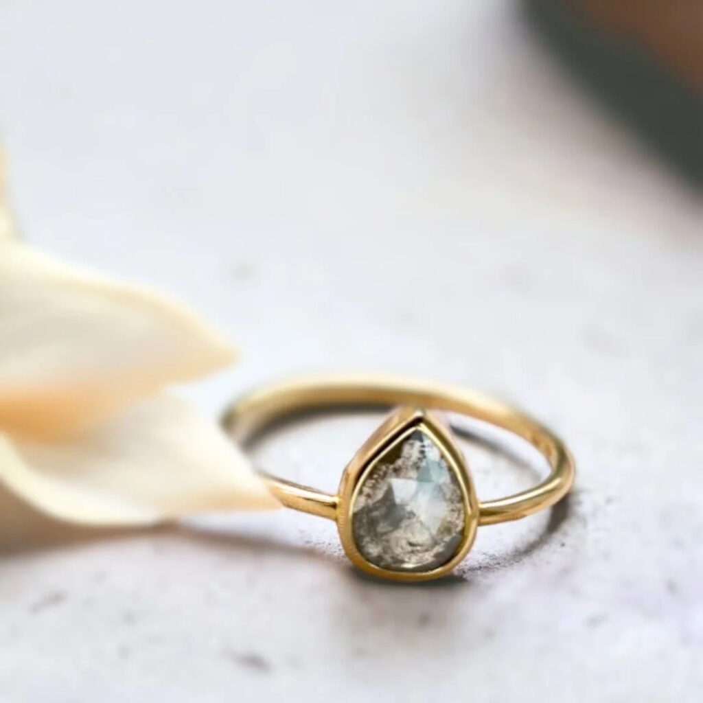 Natural Salt And Pepper Diamond Ring Pear Cut Solitaire