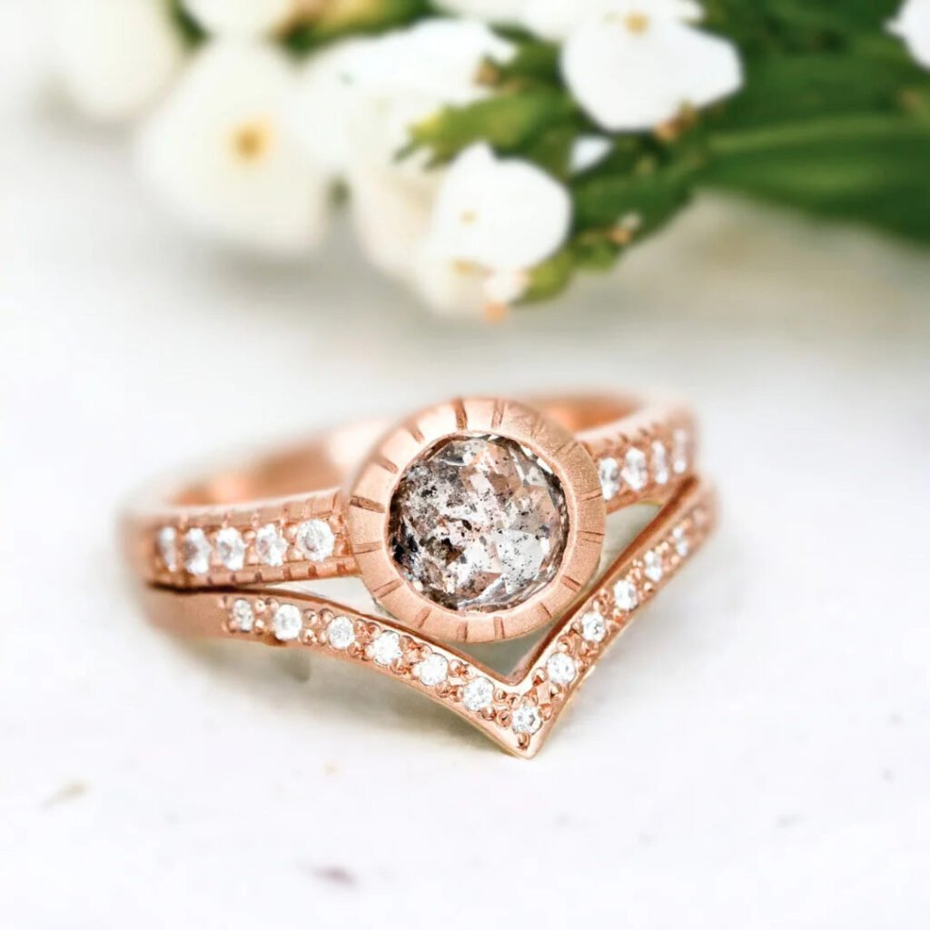 Natural Salt And Pepper Diamond Ring Half Eternity Fine Diamond V Band