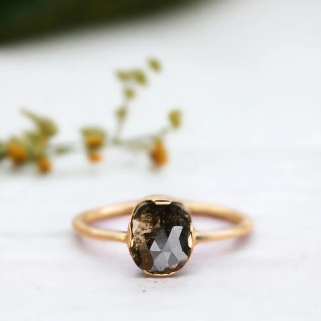 Oval Salt And Pepper Diamond Engagement Ring With Natural Oval Diamond