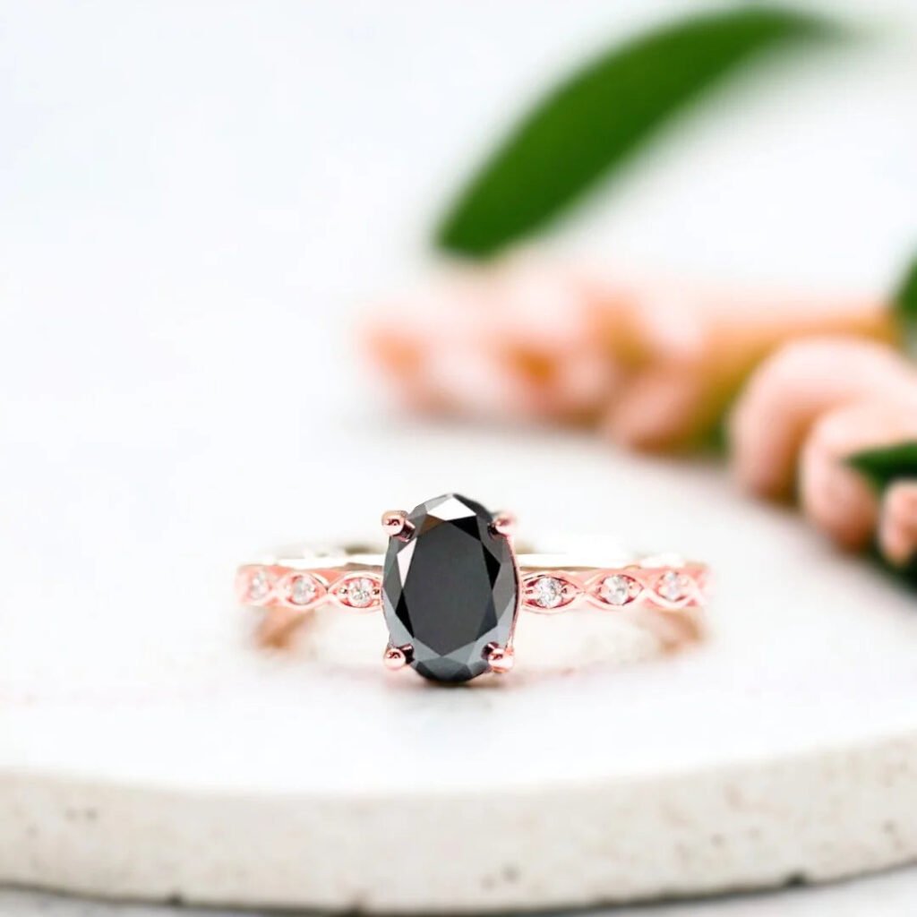 Oval Salt And Pepper Diamond Engagement Ring Round Diamond Accents