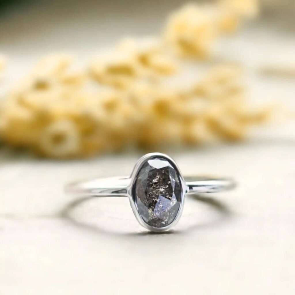 Oval Salt And Pepper Diamond Bezel Ring In White Gold