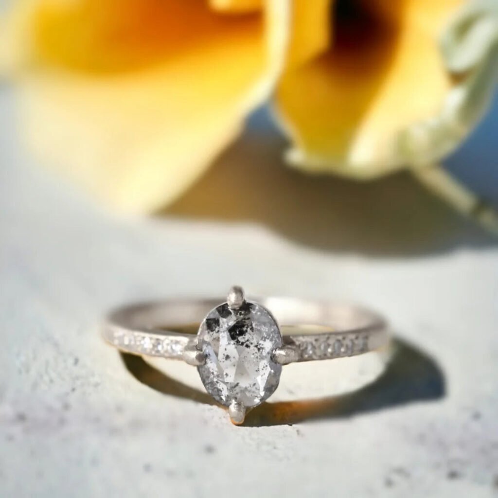 Oval Salt And Pepper Diamond Ring With Artisan Crafted Elegance