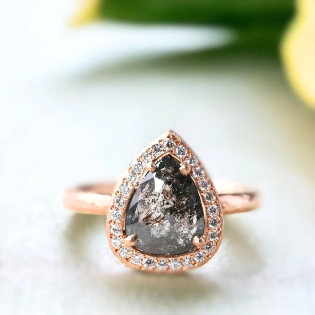 Pear Salt And Pepper Diamond Ring With Vintage Inspired Sparkle