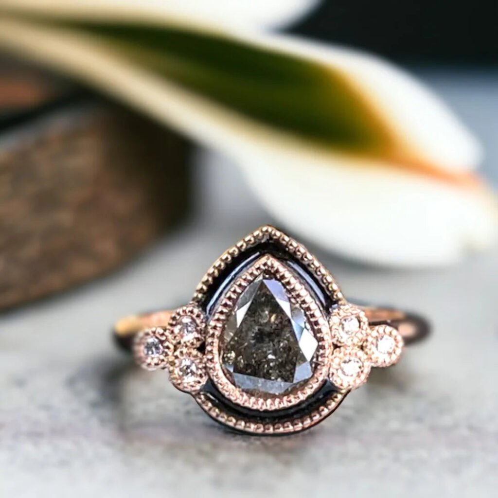 Pear Shape Salt And Pepper Diamond Ring Cathedral Custom Style Jewelry
