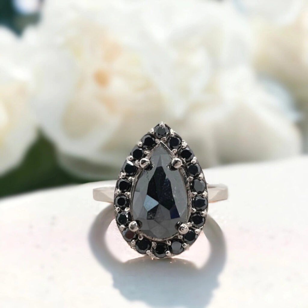 Black Diamond Engagement Ring Pear Shaped Halo Engagement Ring
