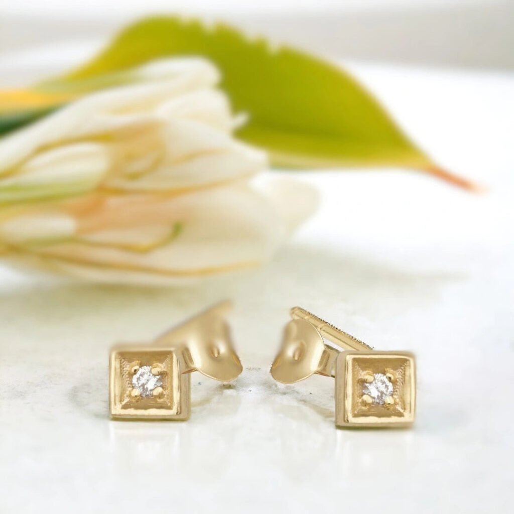 Square Diamond Stud Earrings Petite Square Rose Gold Stud Earrings
