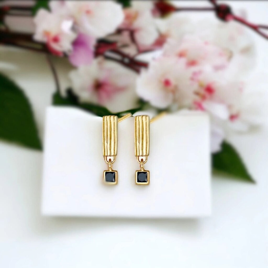 Black Diamond Drop Earrings Ethical Solid Gold Drop Design